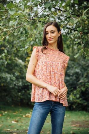 Pink Ditsy Floral Blouse with Ruffles