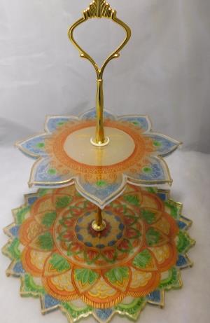 Two Tier Mandala Serving Tray - Golds/Multi-Colour